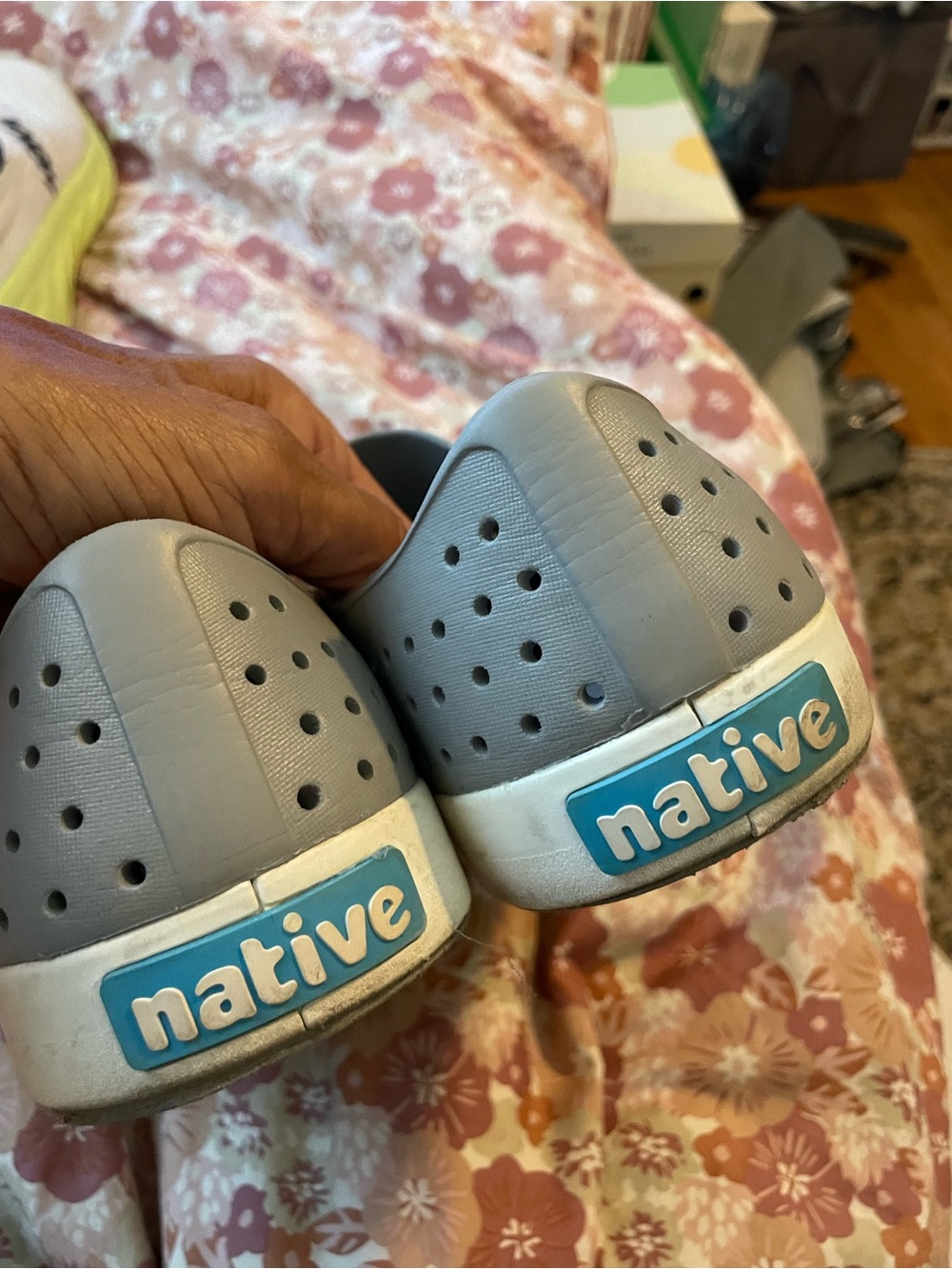 Native Women’s or Men’s Light Gray Slip-On’s with Teal Logo Accents